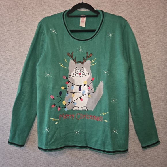 Ugly Christmas Sweater Kitten Cat Women's XL 14/16 Tangled Lights No Light Up - Picture 1 of 7